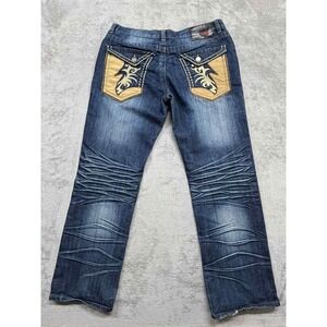 Y2K Premium Raw Blue Jeans Measured 37x31 Mens‎ Denim Embroidered Faded Flap